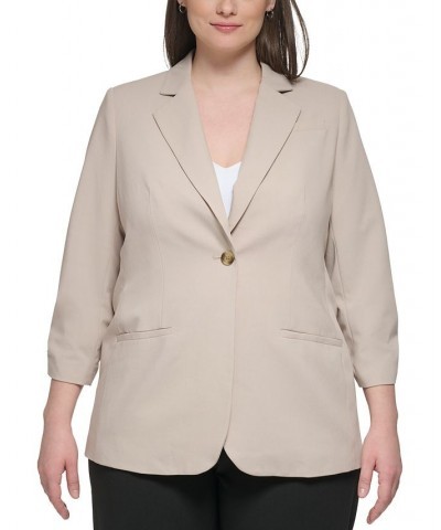 Plus Size One-Button 3/4-Scrunch-Sleeve Jacket Khaki $65.91 Jackets