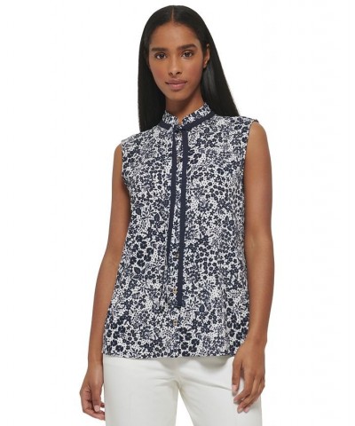 Women's Sleeveless Tie-Neck Floral Print Top Ivory/ Midnight $33.97 Tops