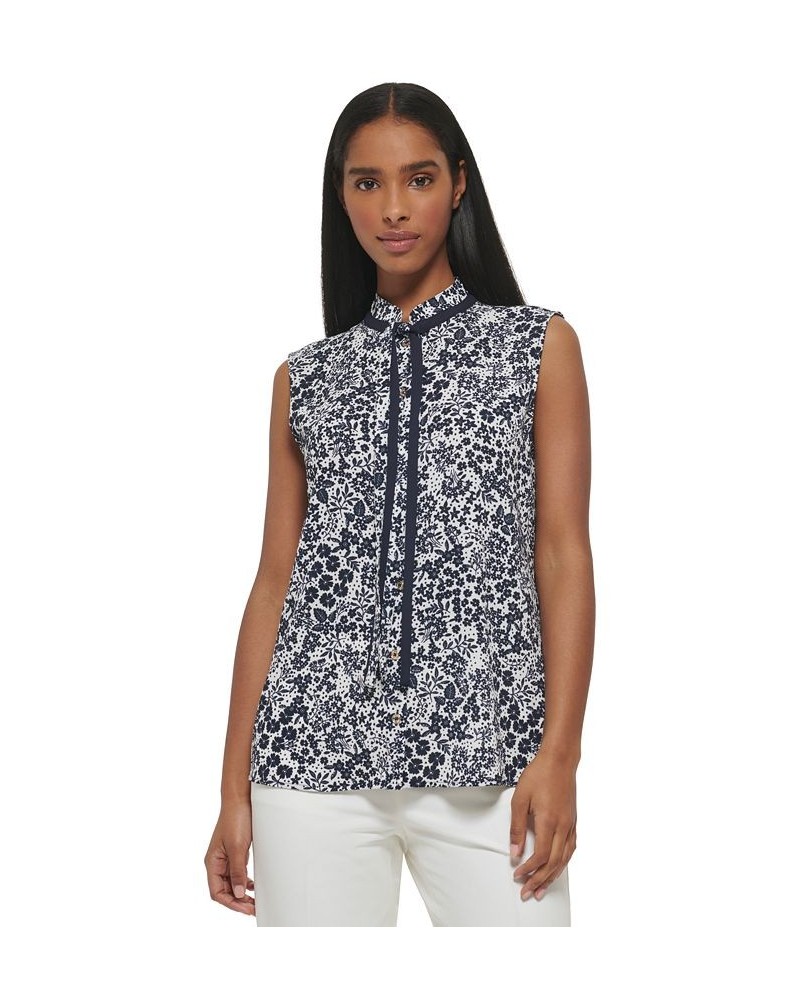 Women's Sleeveless Tie-Neck Floral Print Top Ivory/ Midnight $33.97 Tops