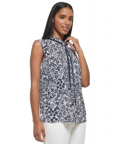 Women's Sleeveless Tie-Neck Floral Print Top Ivory/ Midnight $33.97 Tops