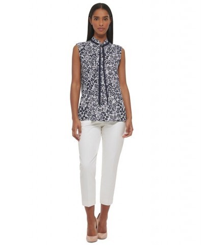 Women's Sleeveless Tie-Neck Floral Print Top Ivory/ Midnight $33.97 Tops