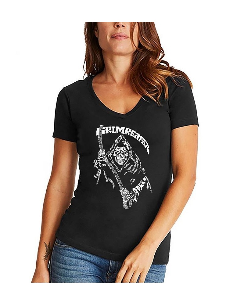 Women's Grim Reaper Word Art V-neck T-shirt Black $16.45 Tops