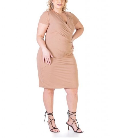 Plus Size Short Sleeve V-neck Faux Wrap Dress Taupe $17.60 Dresses