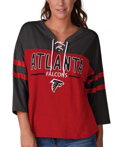 Women's Red Black Atlanta Falcons Double Wing Lace-Up 3/4 Sleeve T-shirt Red $22.00 Tops