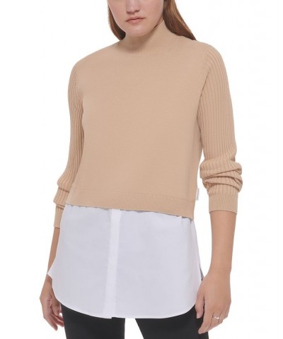 Women's Mixed Media Long-Sleeve Sweater Tan/Beige $35.04 Sweaters