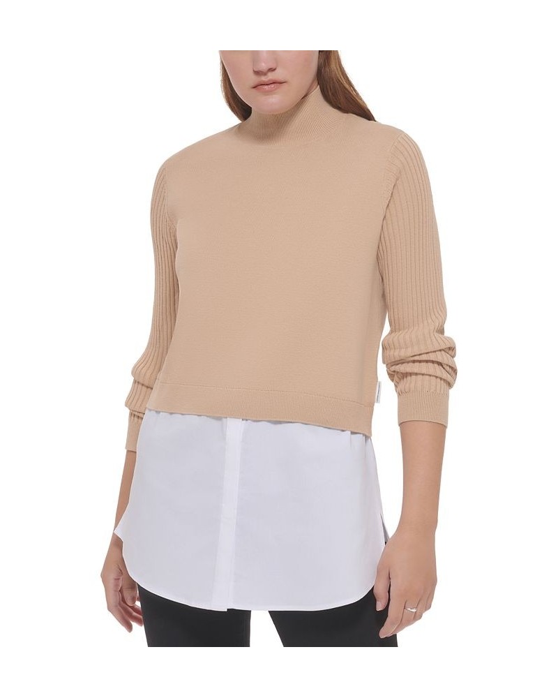 Women's Mixed Media Long-Sleeve Sweater Tan/Beige $35.04 Sweaters