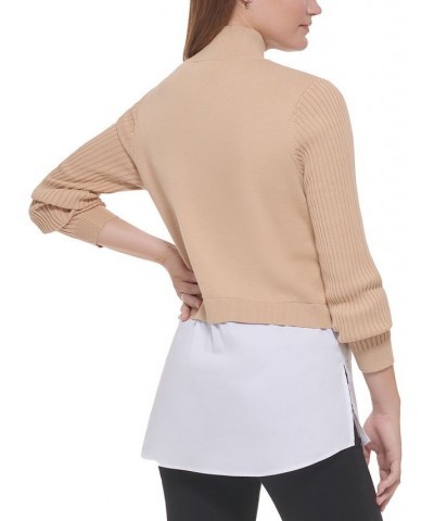 Women's Mixed Media Long-Sleeve Sweater Tan/Beige $35.04 Sweaters