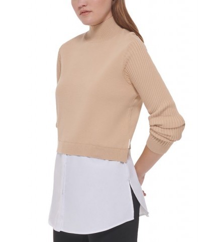 Women's Mixed Media Long-Sleeve Sweater Tan/Beige $35.04 Sweaters