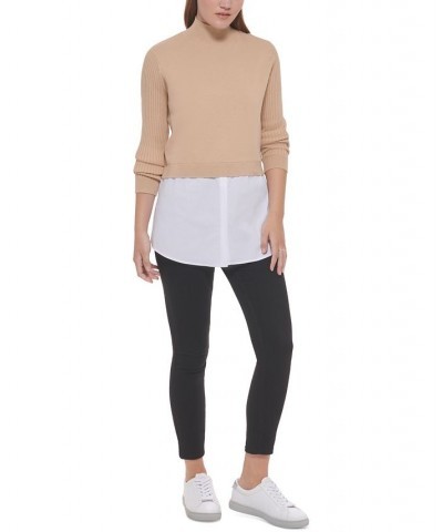 Women's Mixed Media Long-Sleeve Sweater Tan/Beige $35.04 Sweaters