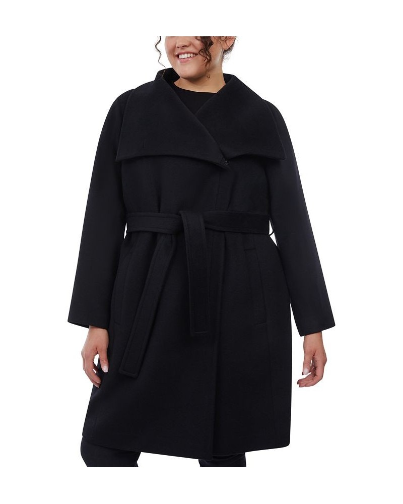 Plus Size Asymmetric Belted Wrap Coat Black $92.00 Coats