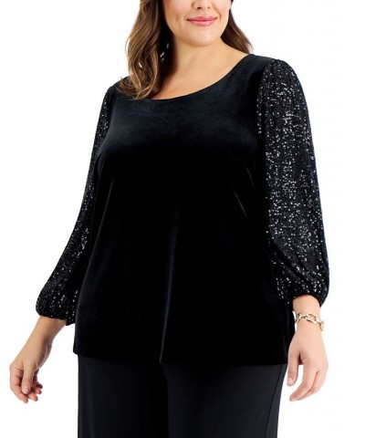 Plus Size Velvet Sequined-Sleeve Blouse Black $66.78 Tops