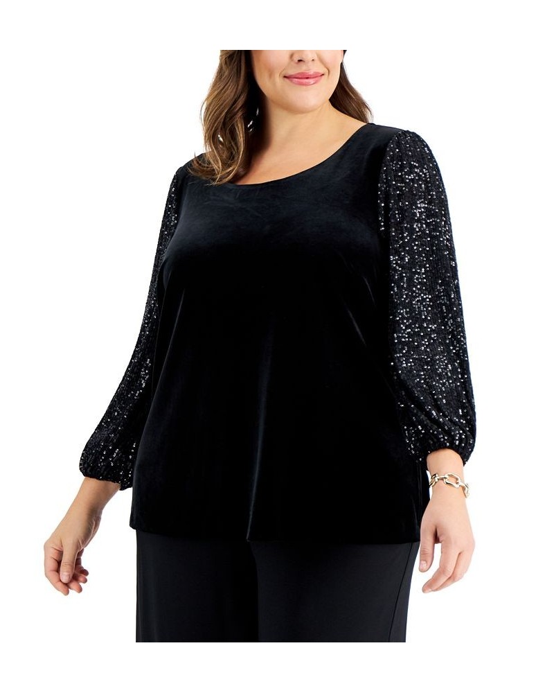 Plus Size Velvet Sequined-Sleeve Blouse Black $66.78 Tops