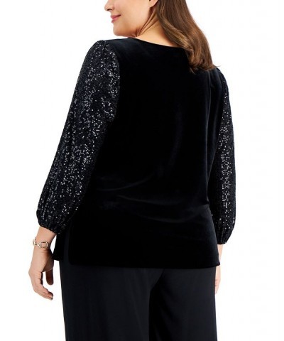 Plus Size Velvet Sequined-Sleeve Blouse Black $66.78 Tops