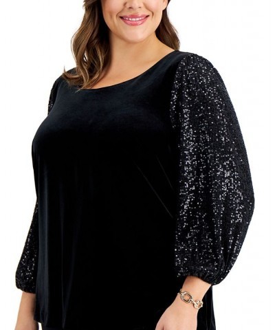 Plus Size Velvet Sequined-Sleeve Blouse Black $66.78 Tops