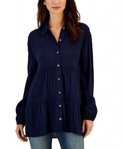 Petite Tiered Button-Front Long-Sleeve Shirt Blue $17.72 Tops