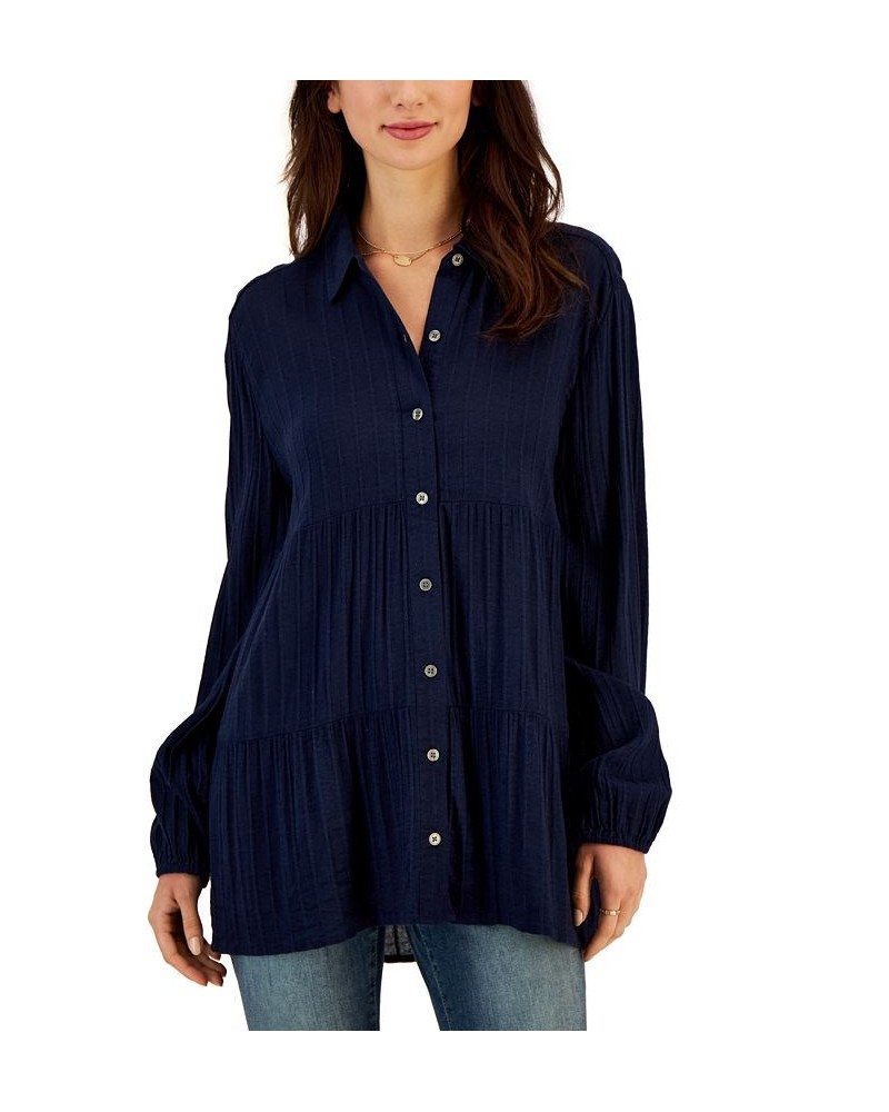 Petite Tiered Button-Front Long-Sleeve Shirt Blue $17.72 Tops