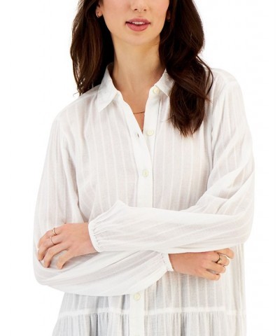 Petite Tiered Button-Front Long-Sleeve Shirt Blue $17.72 Tops