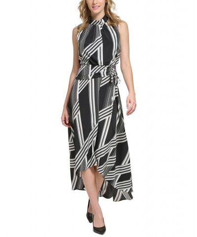 Women's Printed Mock-Neck Asymmetrical-Hem Ruched Tie-Waist Midi Dress Black Soft Whtie $67.20 Dresses
