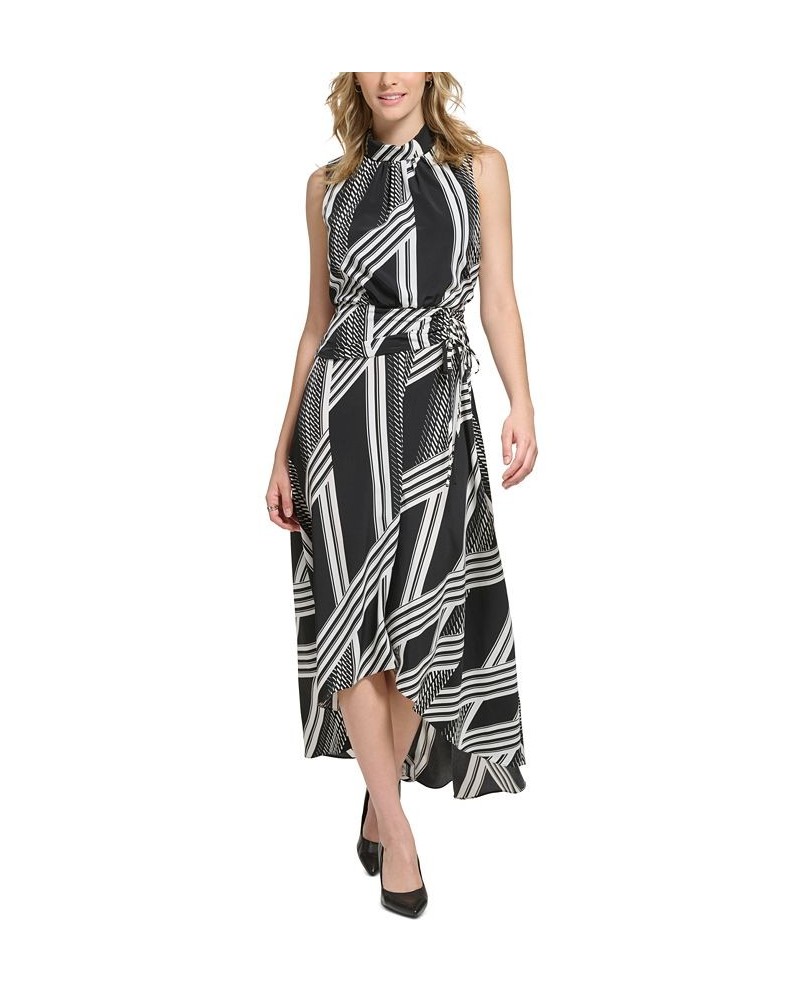 Women's Printed Mock-Neck Asymmetrical-Hem Ruched Tie-Waist Midi Dress Black Soft Whtie $67.20 Dresses