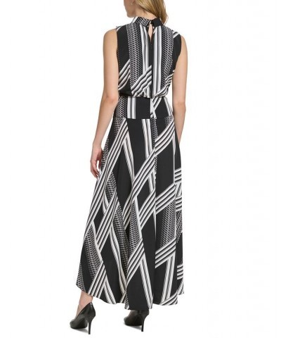 Women's Printed Mock-Neck Asymmetrical-Hem Ruched Tie-Waist Midi Dress Black Soft Whtie $67.20 Dresses