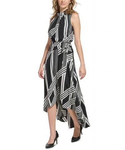 Women's Printed Mock-Neck Asymmetrical-Hem Ruched Tie-Waist Midi Dress Black Soft Whtie $67.20 Dresses