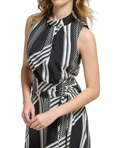 Women's Printed Mock-Neck Asymmetrical-Hem Ruched Tie-Waist Midi Dress Black Soft Whtie $67.20 Dresses