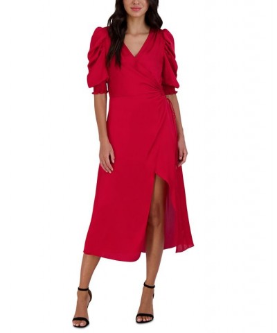 Women's Faux-Wrap Puffed-Sleeve Dress Red $63.94 Dresses