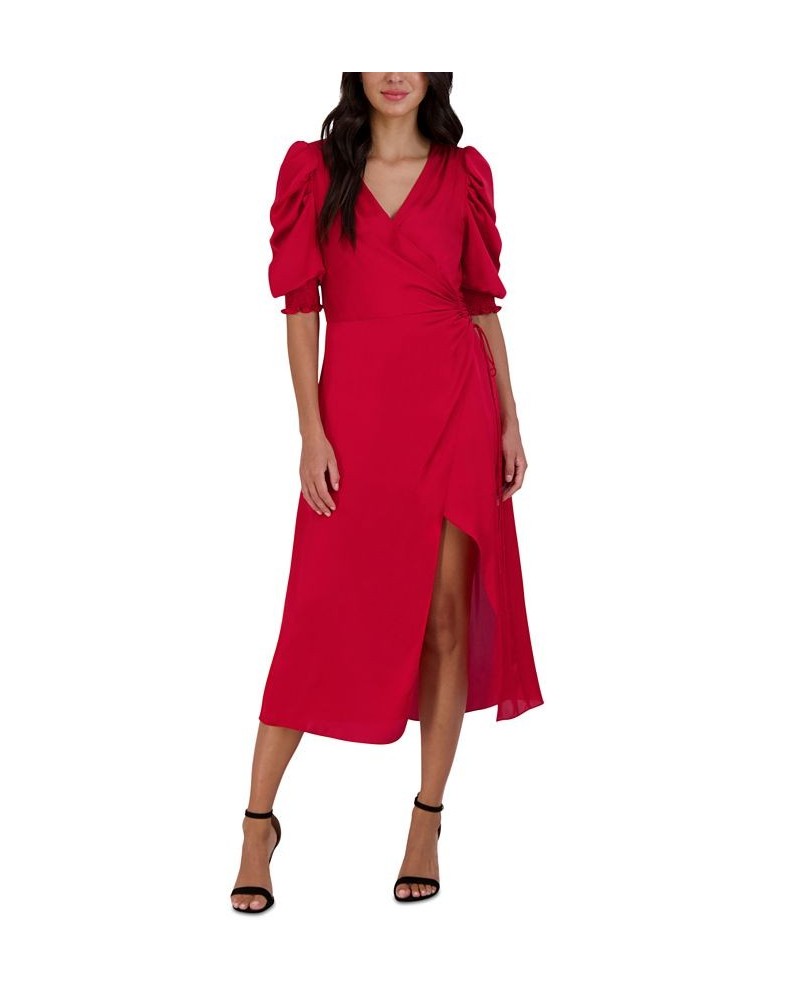 Women's Faux-Wrap Puffed-Sleeve Dress Red $63.94 Dresses