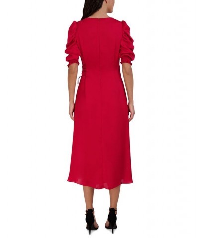 Women's Faux-Wrap Puffed-Sleeve Dress Red $63.94 Dresses