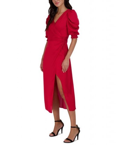 Women's Faux-Wrap Puffed-Sleeve Dress Red $63.94 Dresses