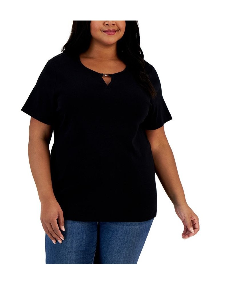 Plus Size Ladder V-Neck Top Deep Black $14.27 Tops