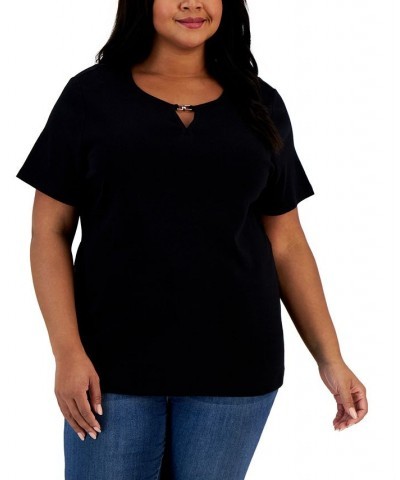 Plus Size Ladder V-Neck Top Deep Black $14.27 Tops