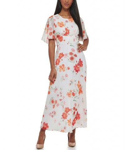 Women's Floral-Print Flutter-Sleeve Maxi Dress Fire Multi $63.60 Dresses