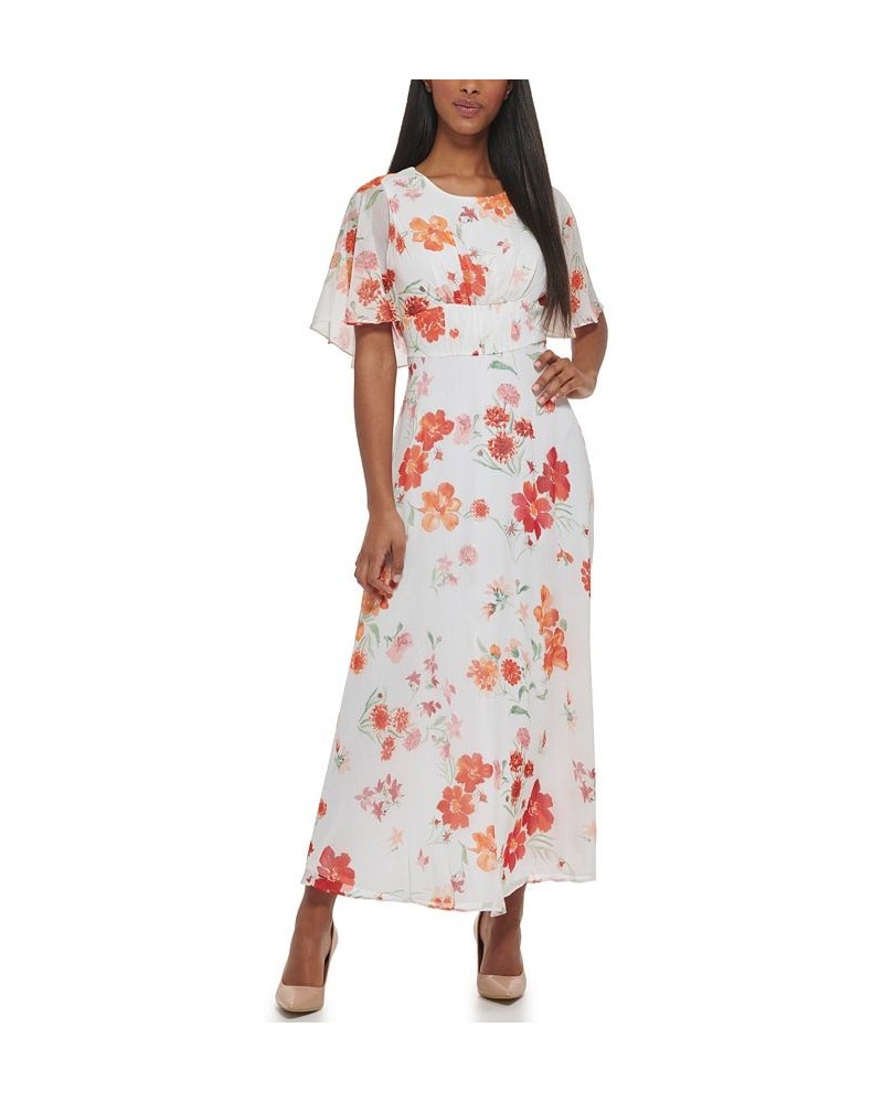 Women's Floral-Print Flutter-Sleeve Maxi Dress Fire Multi $63.60 Dresses