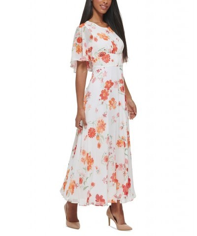 Women's Floral-Print Flutter-Sleeve Maxi Dress Fire Multi $63.60 Dresses