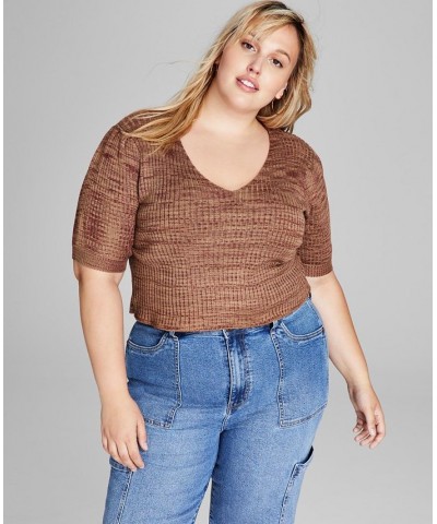 Trendy Plus Size Space-Dyed Puff-Sleeve Top Brown $15.93 Tops