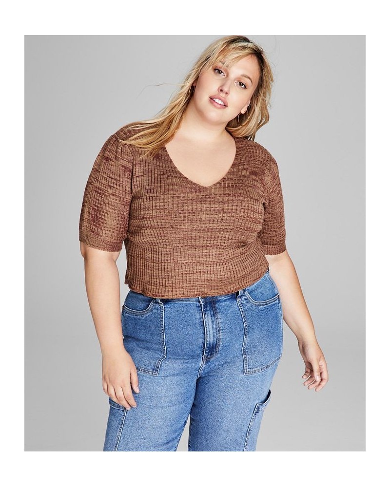 Trendy Plus Size Space-Dyed Puff-Sleeve Top Brown $15.93 Tops