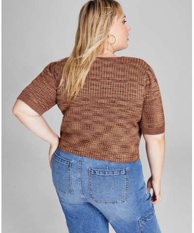 Trendy Plus Size Space-Dyed Puff-Sleeve Top Brown $15.93 Tops