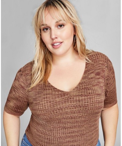 Trendy Plus Size Space-Dyed Puff-Sleeve Top Brown $15.93 Tops