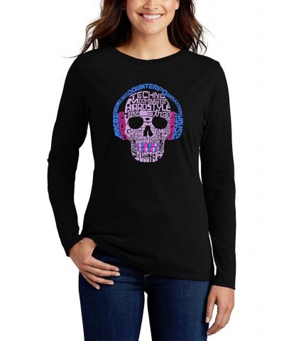 Women's Long Sleeve Word Art Styles of EDM Music T-shirt Black $19.97 Tops