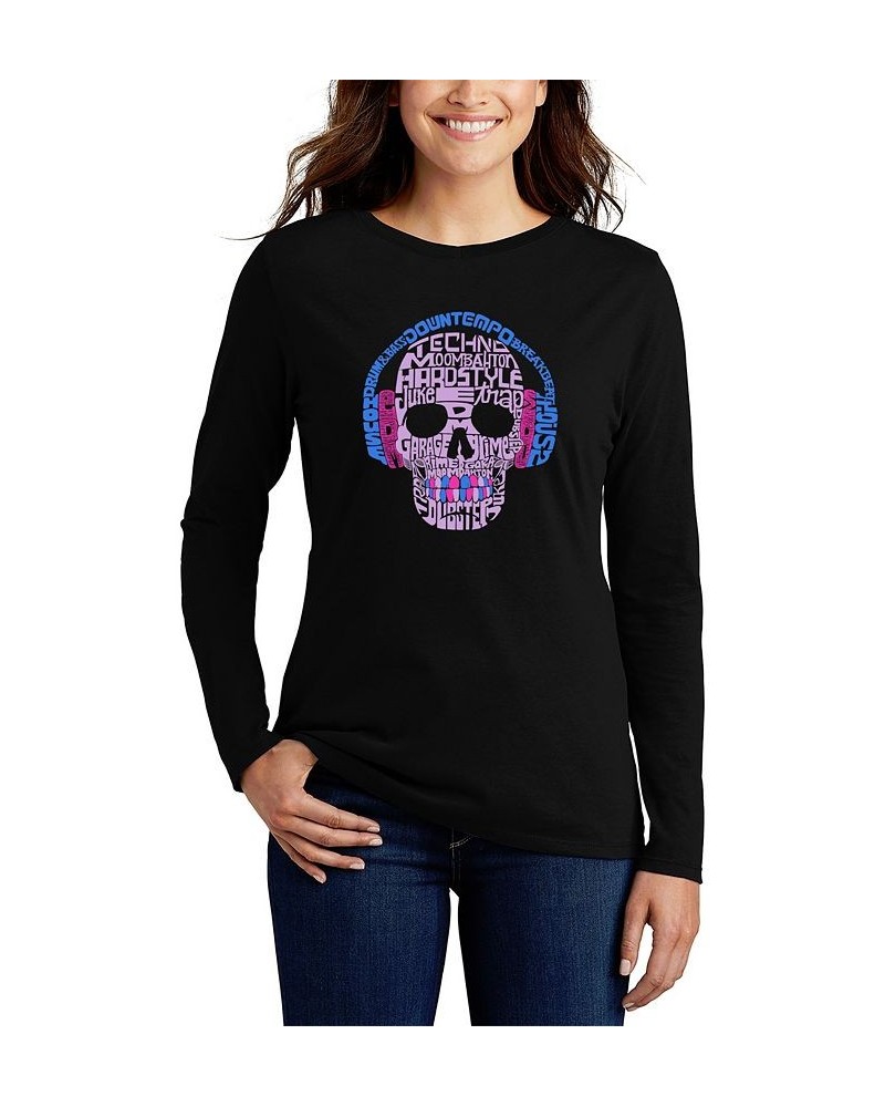 Women's Long Sleeve Word Art Styles of EDM Music T-shirt Black $19.97 Tops