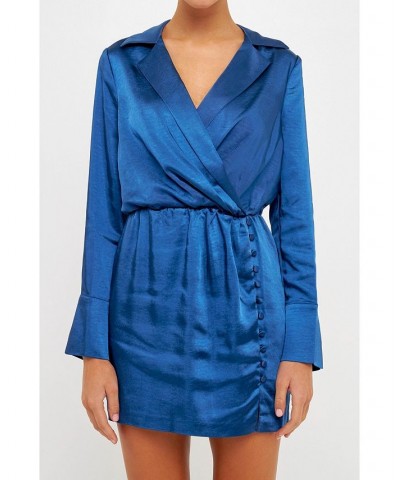 Women's Long Sleeve Satin Mini Dress Blue $61.50 Dresses