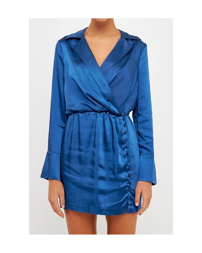 Women's Long Sleeve Satin Mini Dress Blue $61.50 Dresses