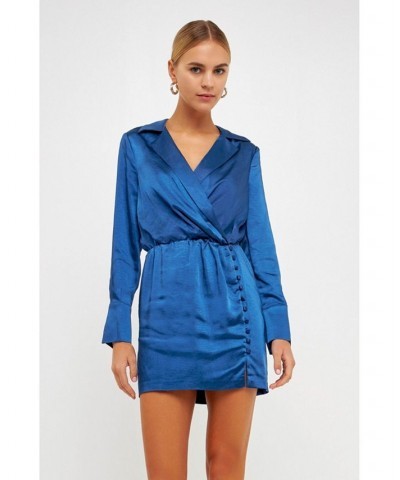 Women's Long Sleeve Satin Mini Dress Blue $61.50 Dresses