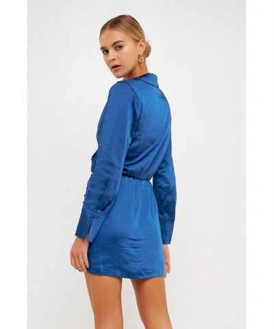 Women's Long Sleeve Satin Mini Dress Blue $61.50 Dresses