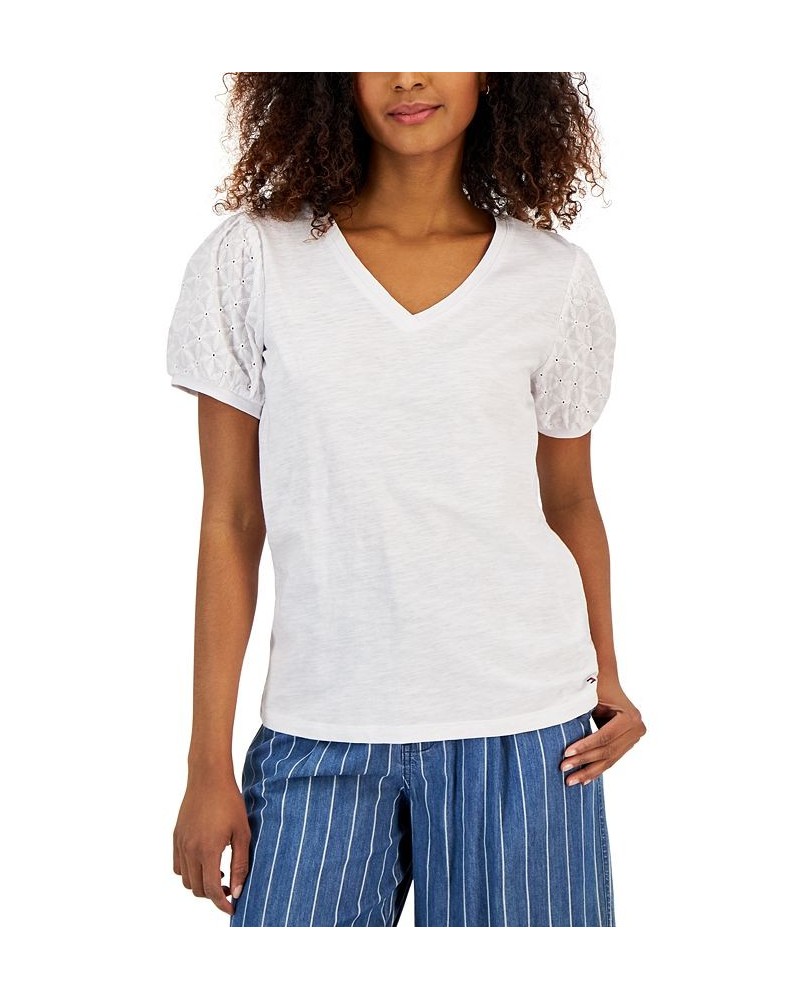 Women's Short Sleeve Eyelet V-Neck Top White $27.80 Tops