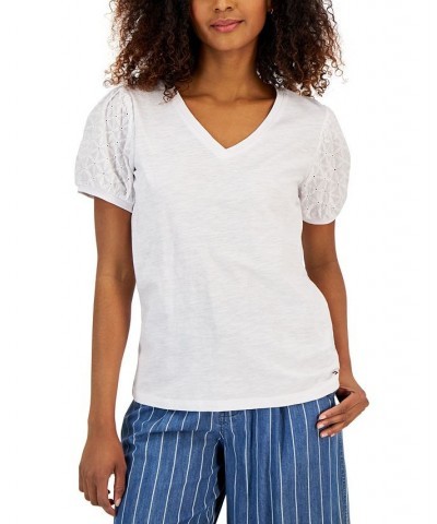 Women's Short Sleeve Eyelet V-Neck Top White $27.80 Tops