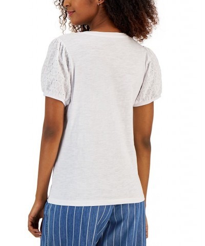 Women's Short Sleeve Eyelet V-Neck Top White $27.80 Tops