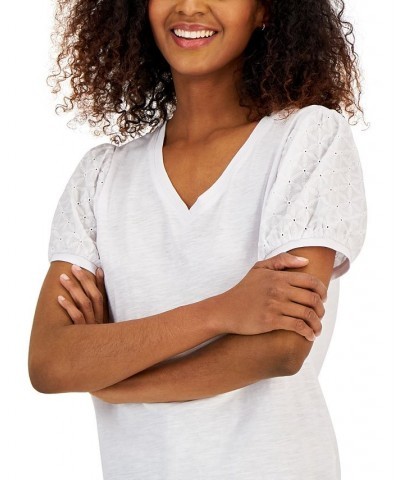 Women's Short Sleeve Eyelet V-Neck Top White $27.80 Tops