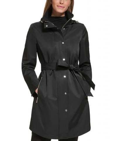 Women's Petite Zip-Front Hooded Belted Raincoat Black $50.40 Coats